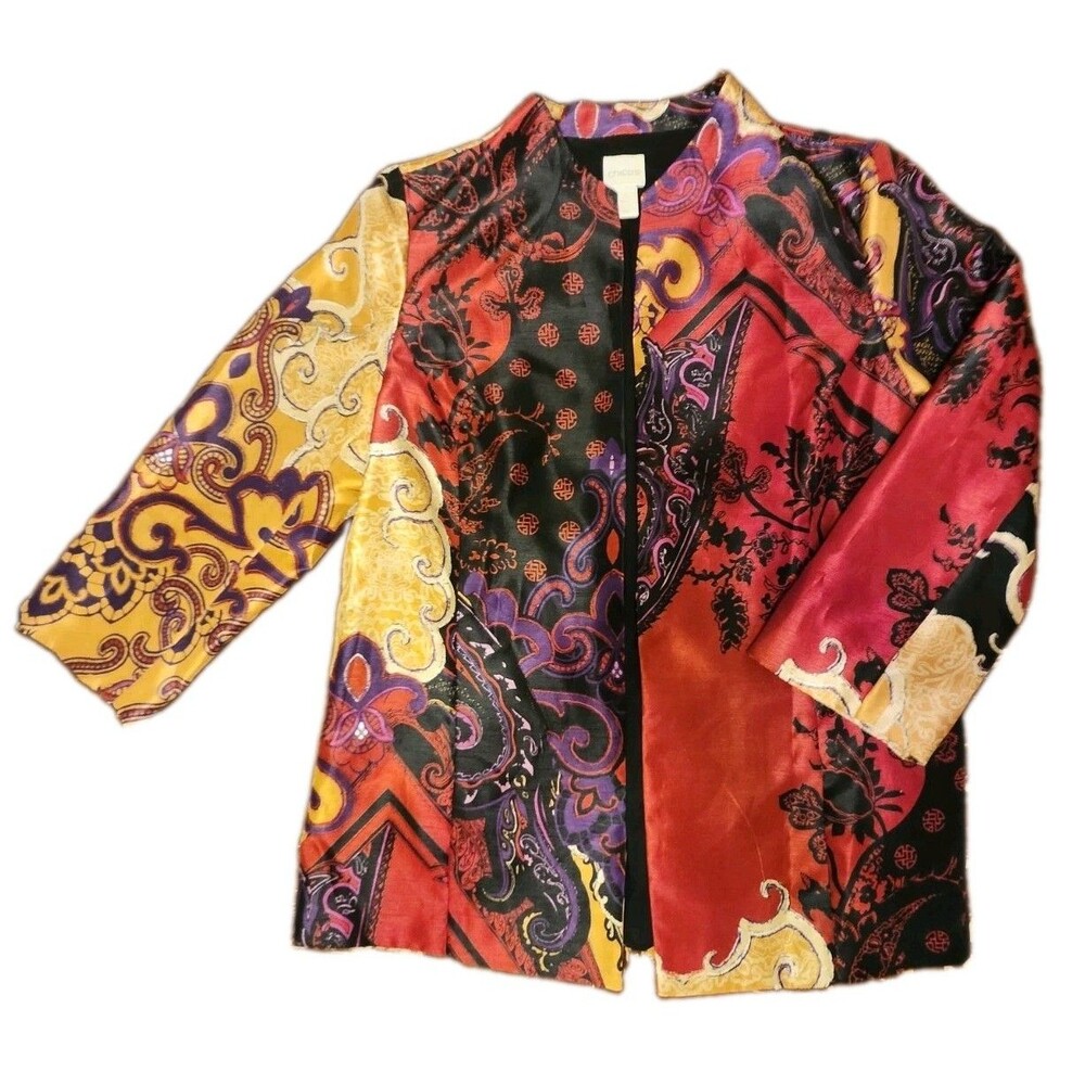 Chico's Women’s Sz 1 Paisley Kimono Jacket Blazer Open Front 3/4 Sleeve Pockets